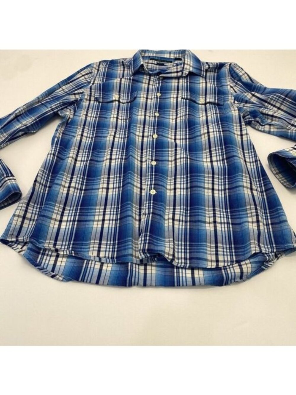 Perry Ellis SHIRT Slim Fit Casual Button-Up Mens Sz XL Blue Plaid Long Sleeve